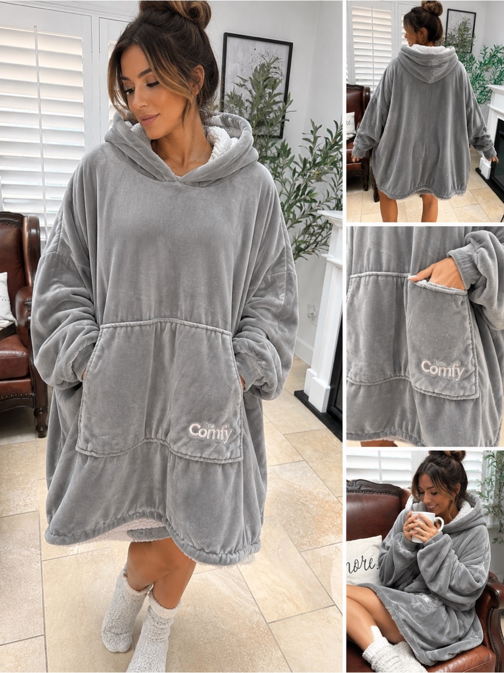 Comfy Oversized Hooded Wearable Blanket Jacket - Gray